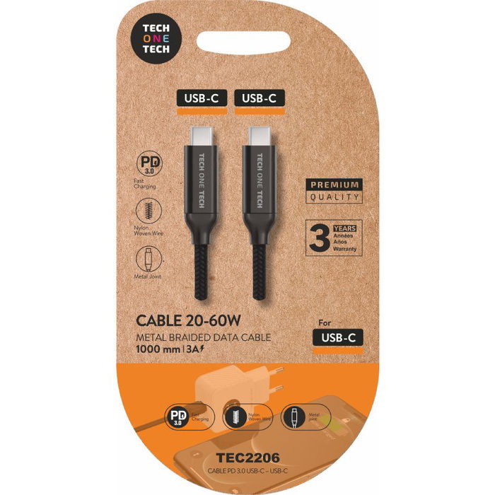 Tech One Tech Cable USB-C a USB-C TEC2206 Negro 1m 60W Tech One Tech Cable USB-C a USB-C TEC2206 Negro 1m 60W